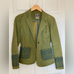 Indigo Palms Jacket - Beautiful hand embroidered, tailored green and blue, XS
